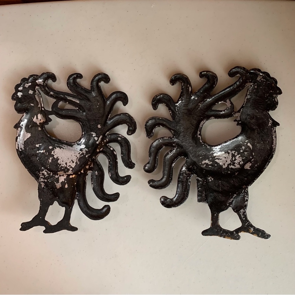 Vintage Cast Iron Black Rooster Wall Decor Set - Picture 4 of 6